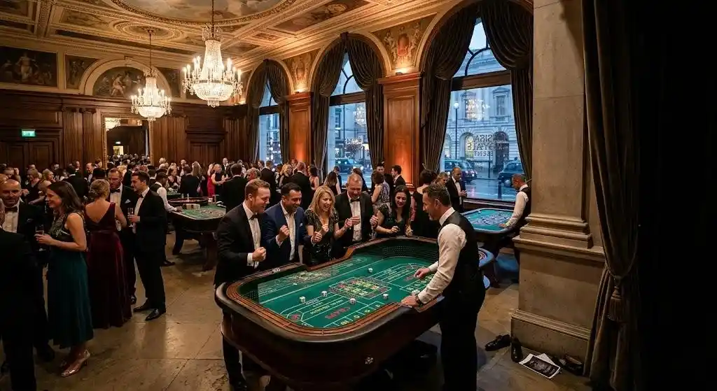 Exclusive offline place intended for organizing events, offering paid reservations for gambling sessions (roulette, poker, blackjack) purely for entertainment purposes