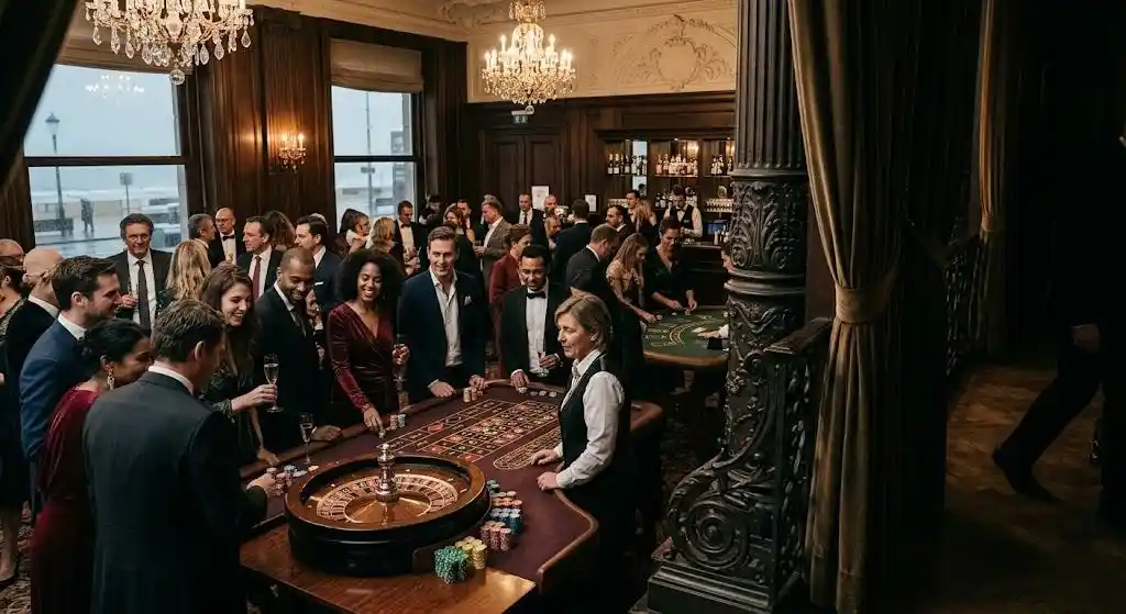 Exclusive offline place intended for organizing events, offering paid reservations for gambling sessions (roulette, poker, blackjack) purely for entertainment purposes