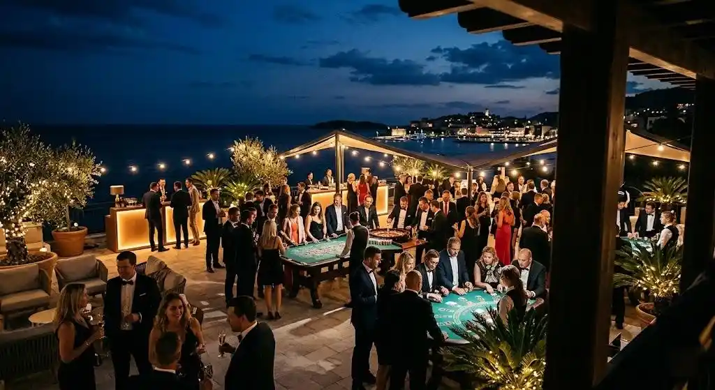 Exclusive offline place intended for organizing events, offering paid reservations for gambling sessions (roulette, poker, blackjack) purely for entertainment purposes