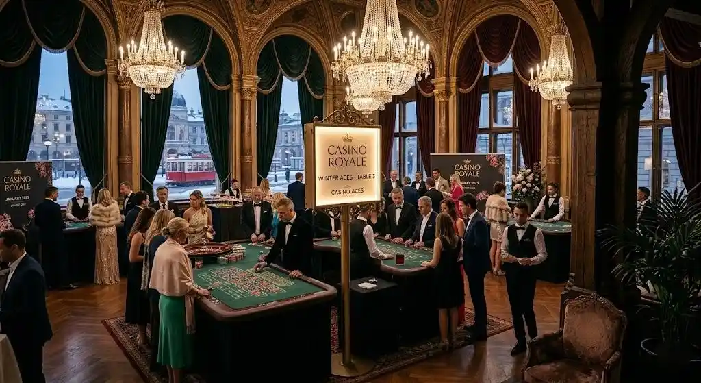 Exclusive offline place intended for organizing events, offering paid reservations for gambling sessions (roulette, poker, blackjack) purely for entertainment purposes
